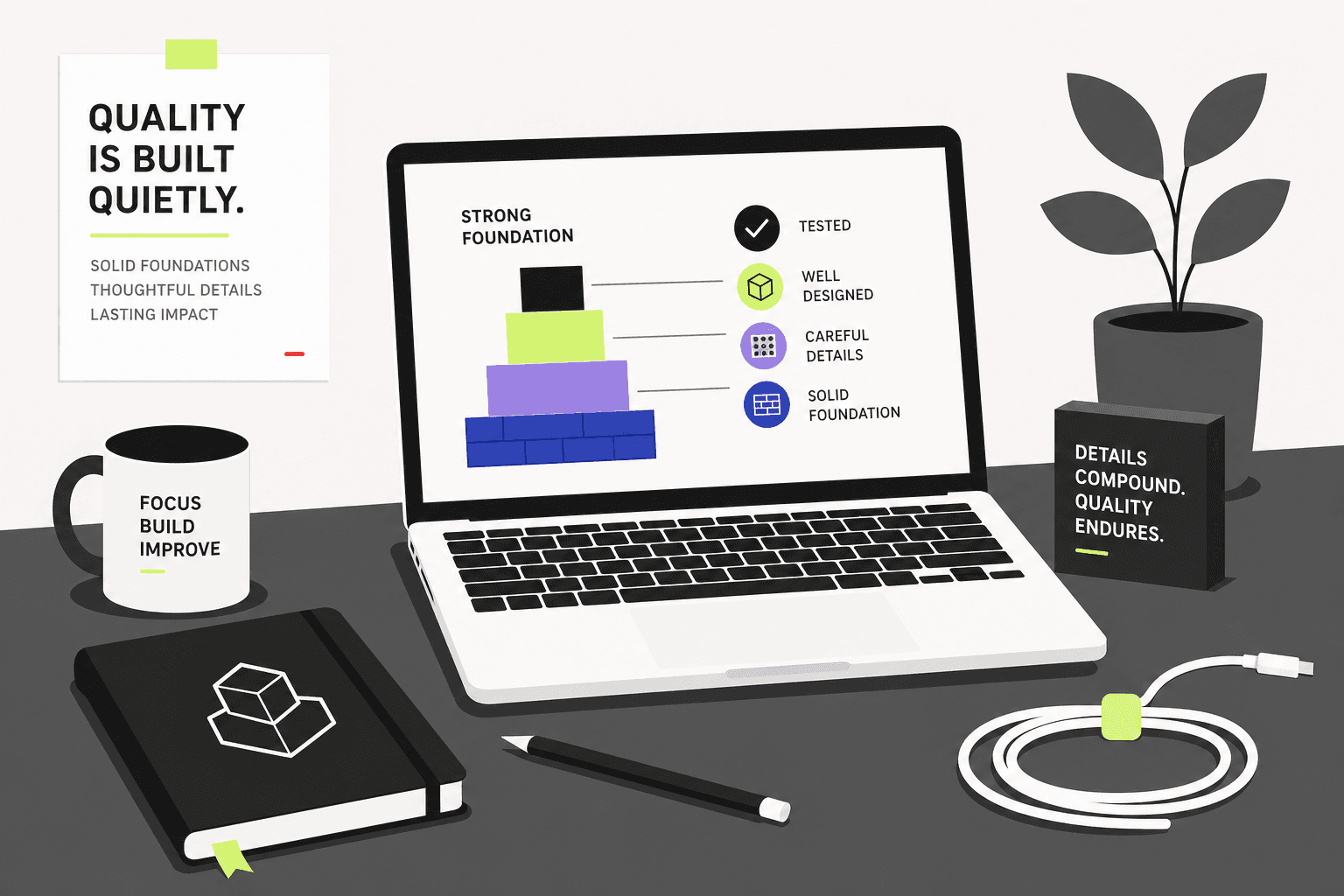 Editorial illustration of a studio desk: laptop, notebook, and craft tools in brand colors.