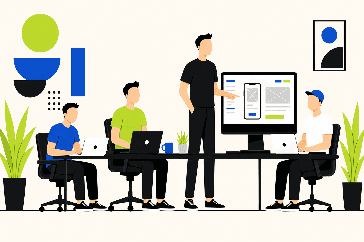 Flat illustration of four faceless teammates around a table; head heights suggest an uptrend; wireframe monitor and brand blue and lime accents.