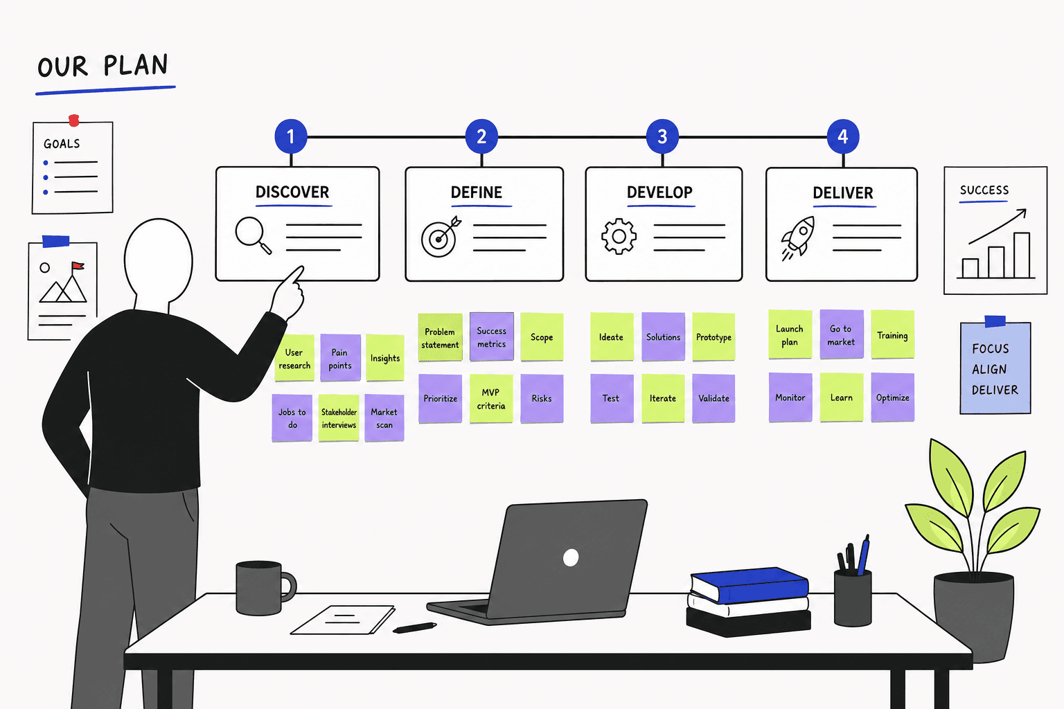 Illustration of planning and workshop artifacts in brand colors.